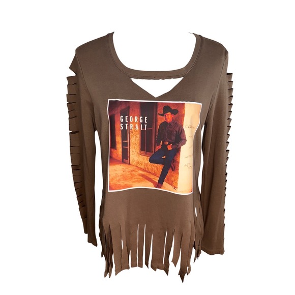 Isaac Mizrahi Live! Tops - George Strait Fringe Brown Cut Long Sleeve Country Western Shirt Ladies M